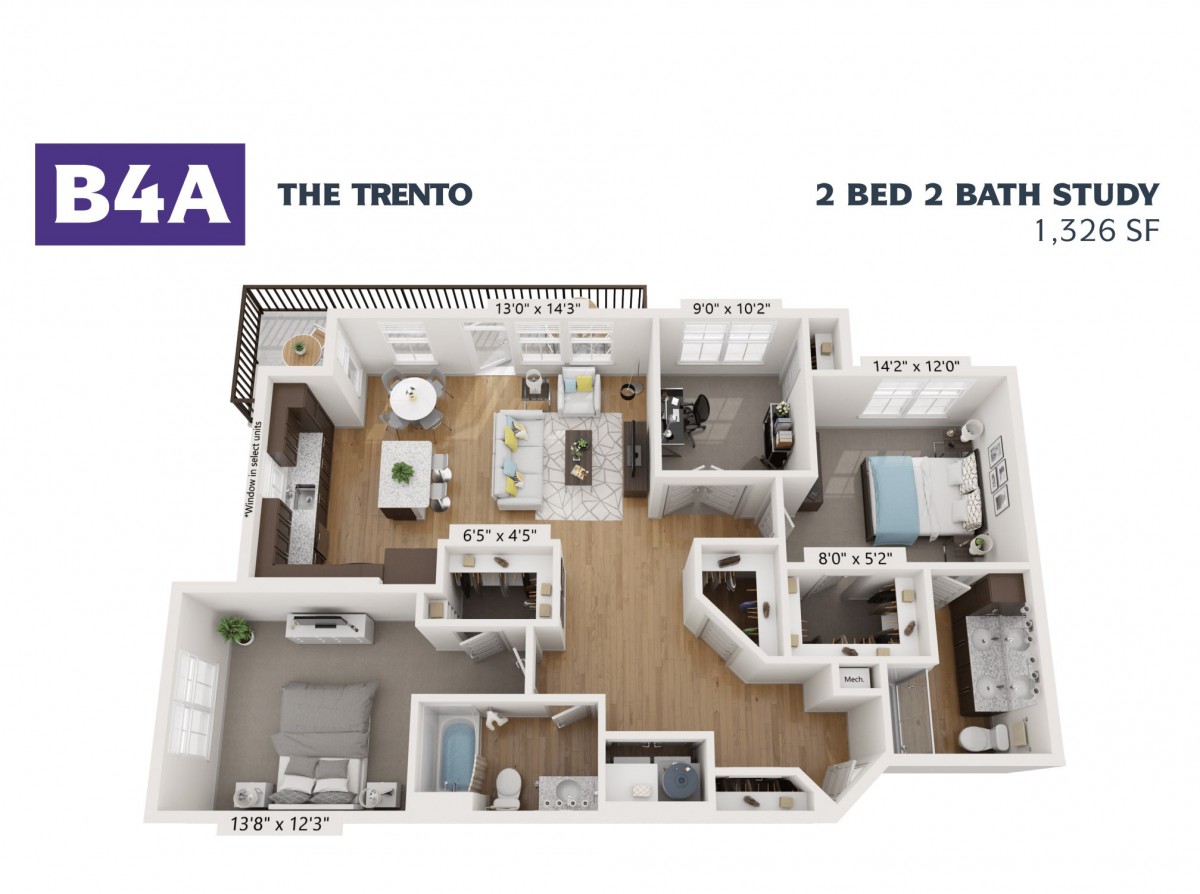 3D floor plan of a two-bedroom, two-bathroom apartment named 'The Trento'.