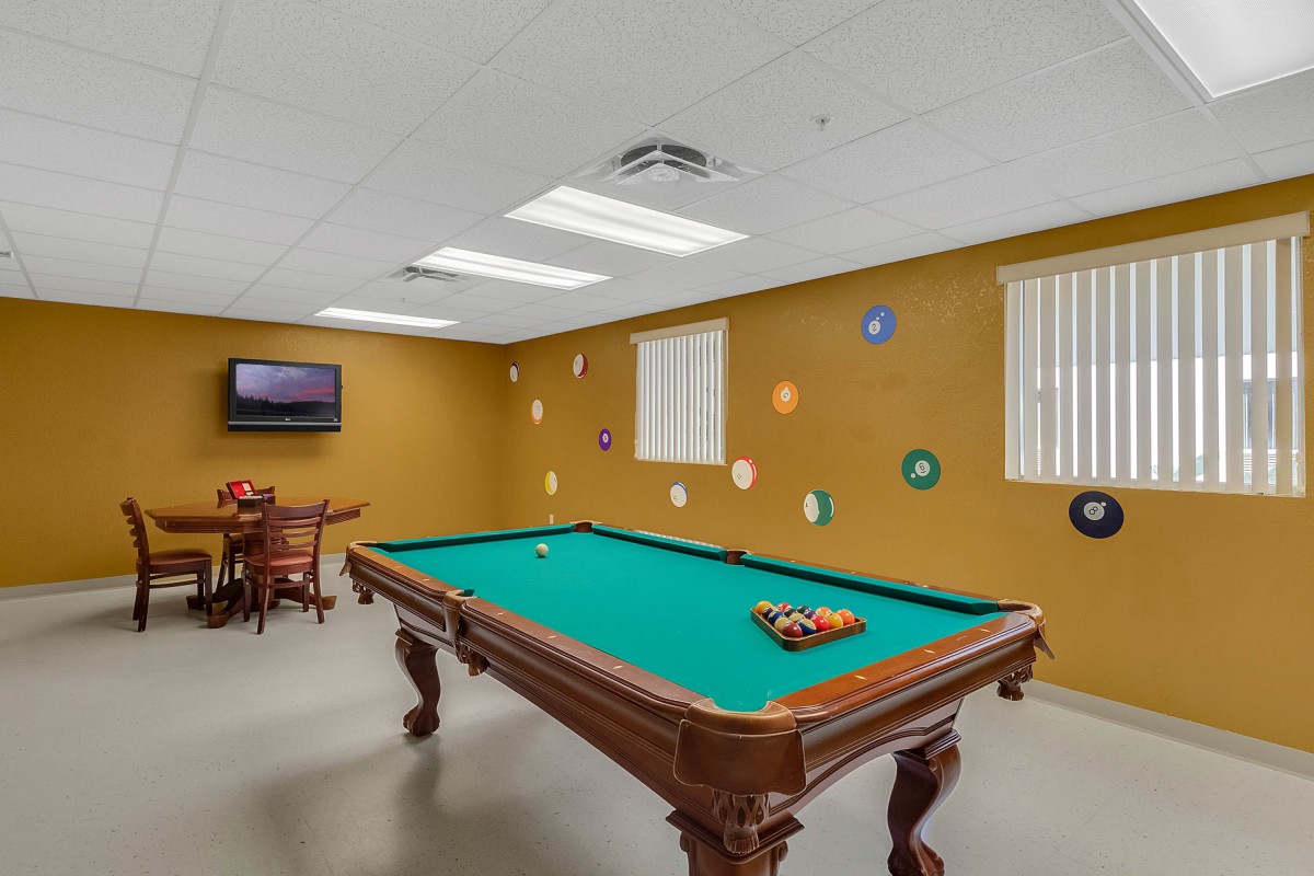A cozy game room featuring a billiards table and decor with a TV in the corner.