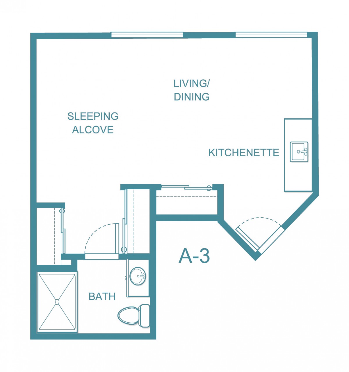 Studio apartment floor plan with a sleeping alcove, living area, kitchenette, and bathroom.