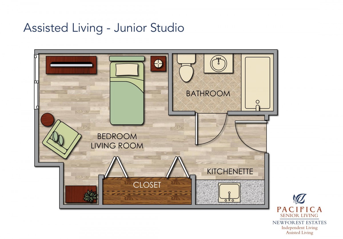 Floor plan of a junior studio apartment with designated areas for a bedroom, living room, bathroom, and kitchenette.