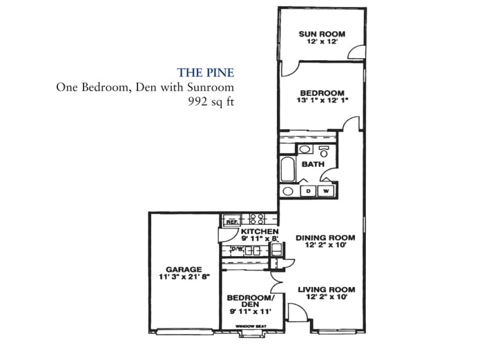 The Pine: Floor plan of a two-bedroom apartment with a den and sunroom, totaling 982 sq ft.
