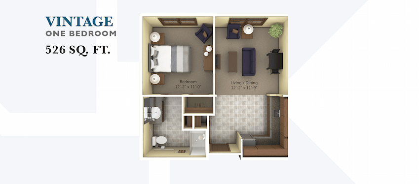 A floor plan of a one-bedroom apartment with a living room, kitchen, and bathroom.