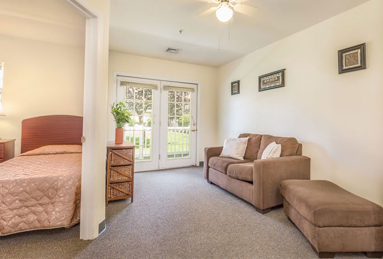 A cozy living room with a comfortable sofa, carpeted floor, and natural light streaming through glass doors.