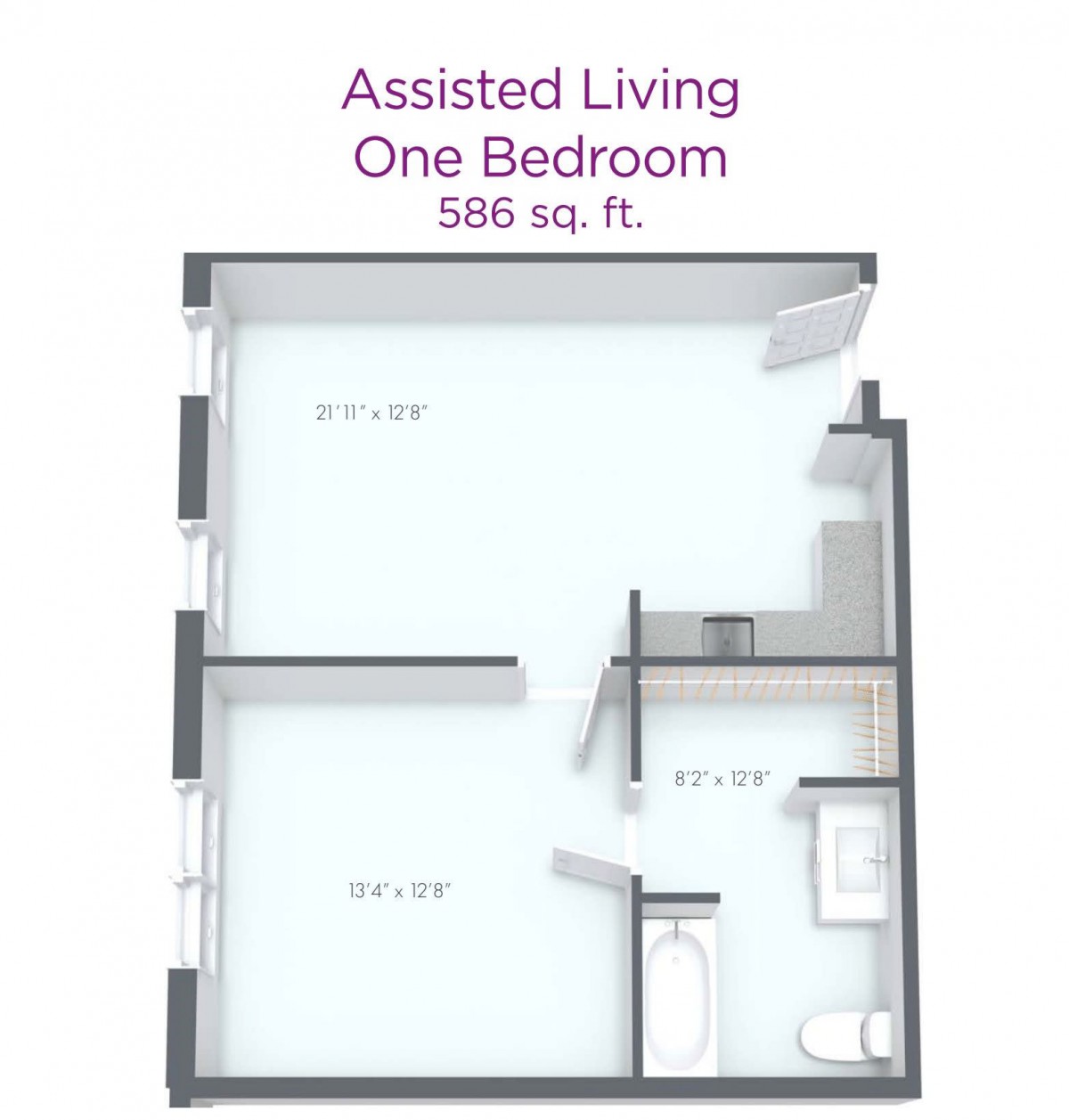 One-bedroom assisted living floor plan with a layout of 586 sq. ft.