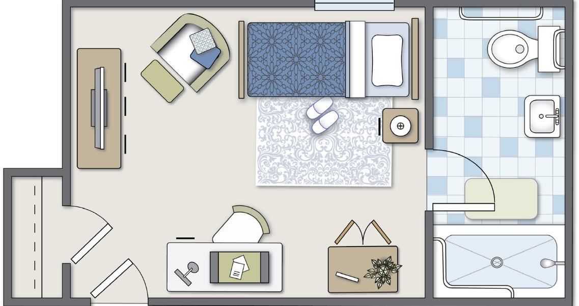 A simple bedroom floor plan with a bed, chair, desk, and rug.