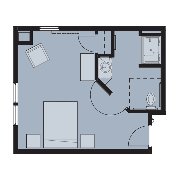A compact floor plan featuring a bedroom and an adjoining bathroom.