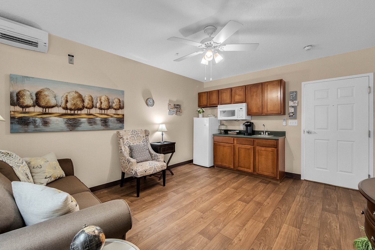 A cozy living space featuring a kitchenette and comfortable seating area.