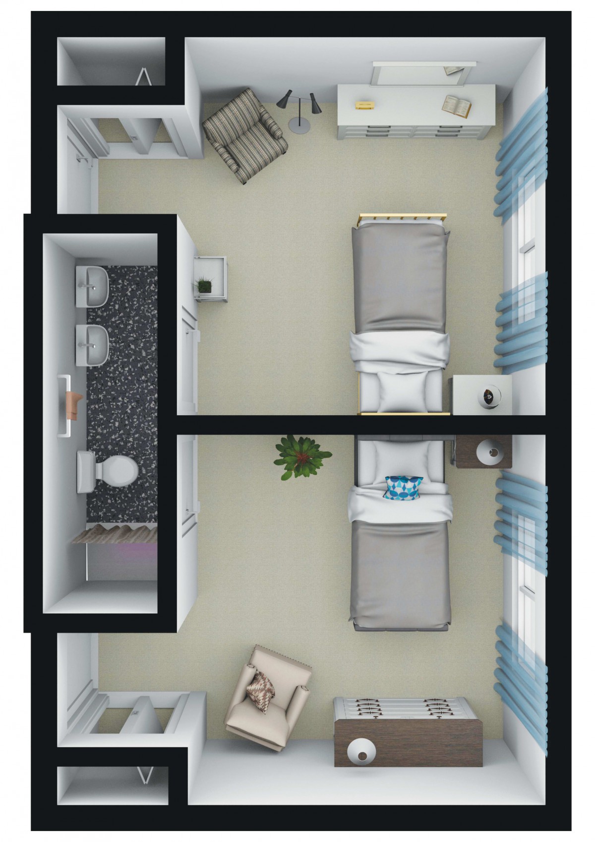 A digital floor plan of a hospital room with two beds, a bathroom, and other furnishings.