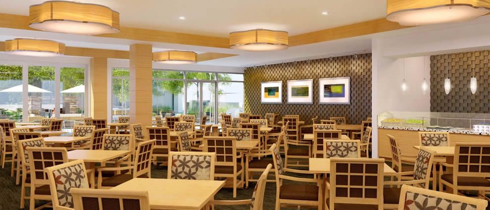 A modern restaurant dining area with neatly arranged tables and chairs.