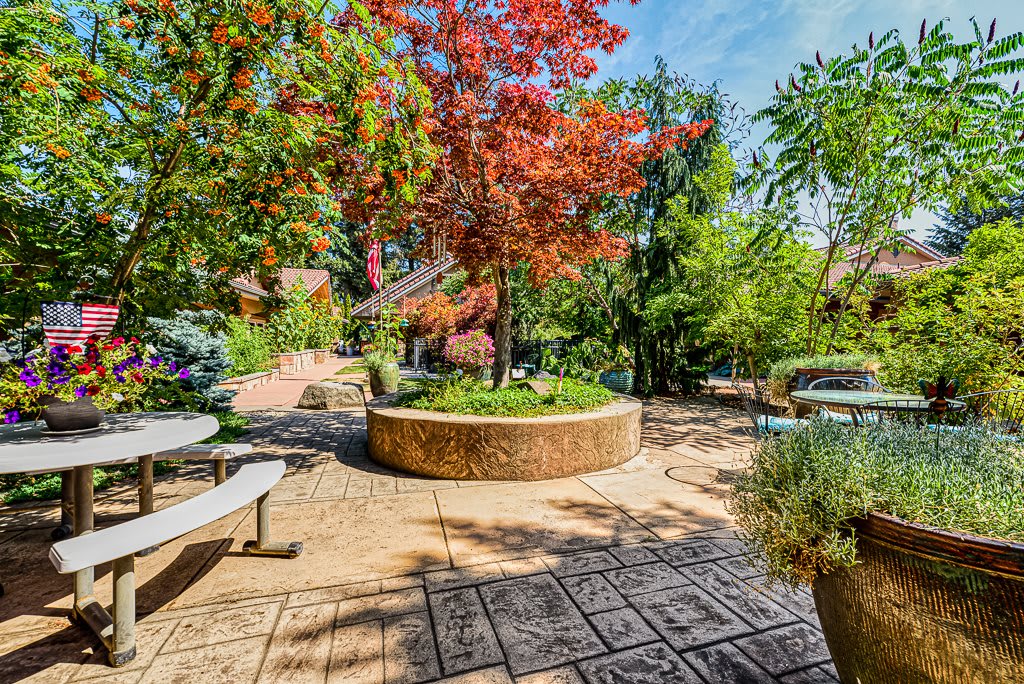 A vibrant garden scene with autumn foliage and a seating area.