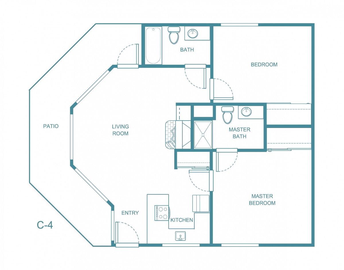 A detailed floor plan of a two-bedroom apartment featuring a living room, kitchen, and bathrooms.