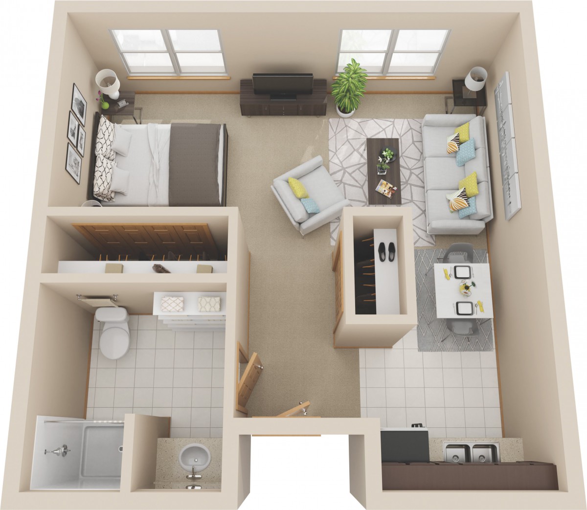 A 3D floor plan of a one-bedroom apartment featuring a bathroom, kitchen, living room, and bedroom.