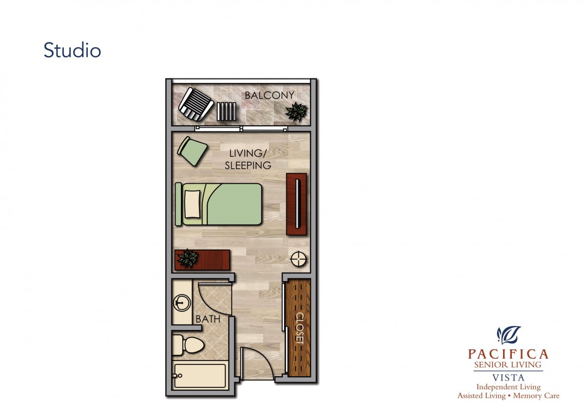 A compact studio apartment floor plan with a living/sleeping area, kitchen, bathroom, and balcony.