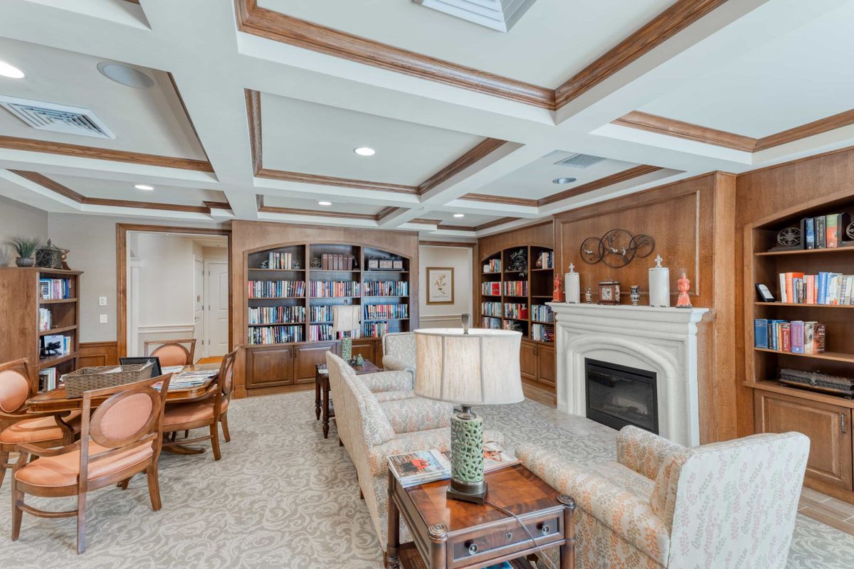 A cozy living room with bookshelves, a fireplace, and comfortable seating.