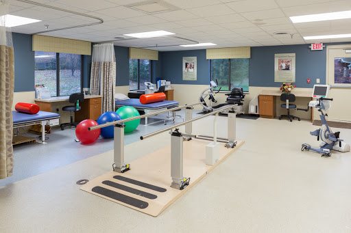 A well-equipped physical therapy room featuring exercise equipment, rehabilitation bars, and colorful exercise balls.