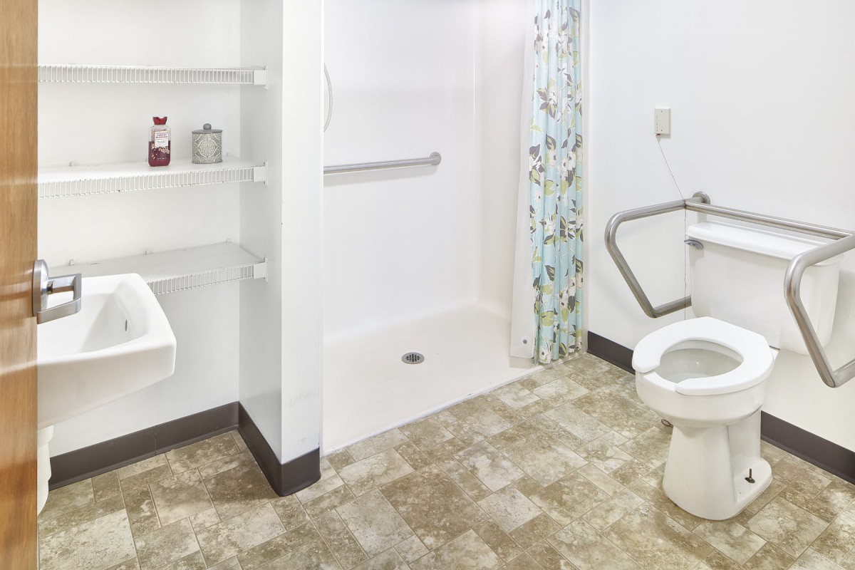 An accessible bathroom with a shower, toilet, and grab bars for safety.