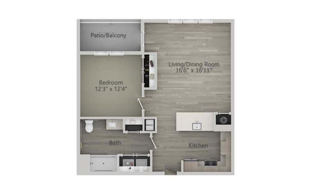 A 1-bedroom apartment floor plan featuring a living/dining room, kitchen, bathroom, and patio/balcony.