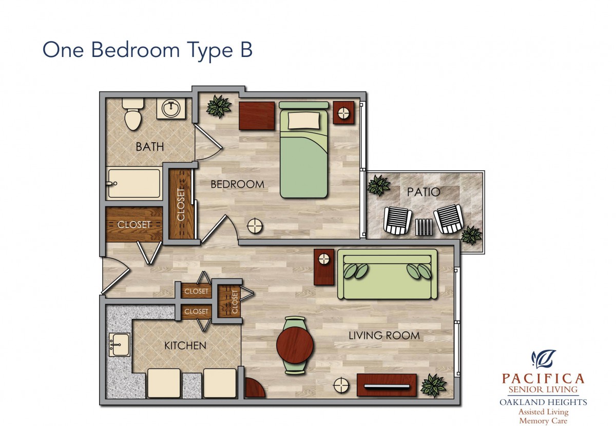 Floor plan of a two-bedroom apartment, Type B, featuring a living room, kitchen, bathroom, and patio.