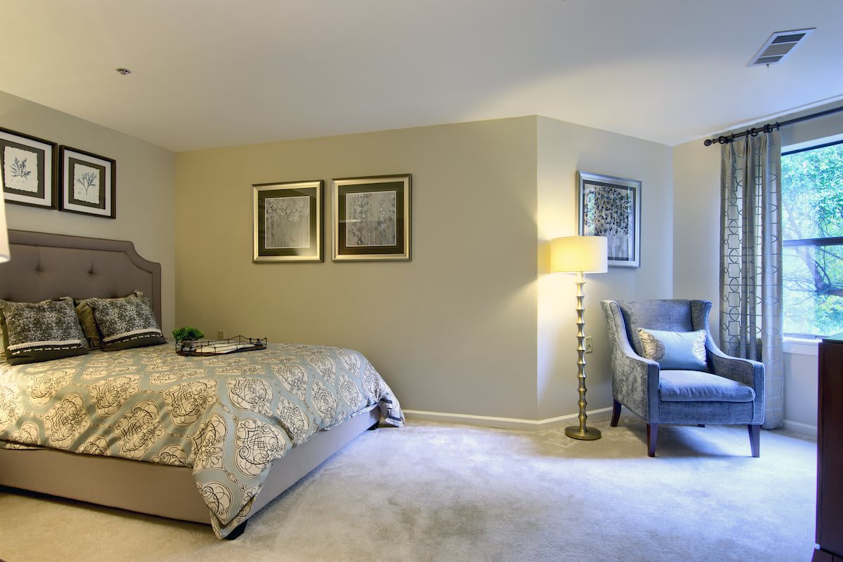 A cozy bedroom with elegant decor and soft lighting.