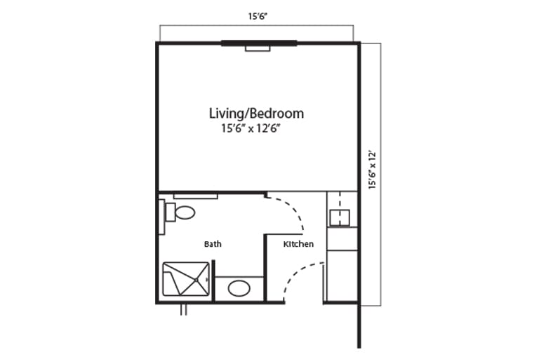 Studio apartment floor plan with living/bedroom, kitchen, and bathroom layout.