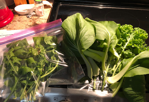 Assorted fresh greens and herbs ready for preparation.