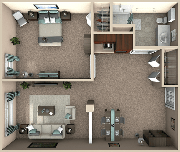 A detailed floor plan of a two-bedroom apartment showcasing the layout of rooms and furnishings.