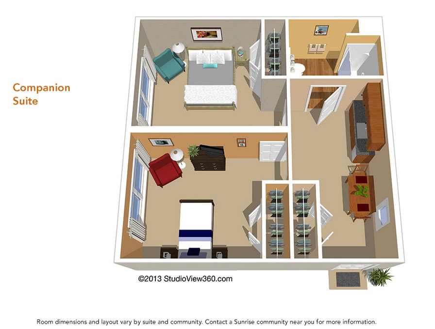 A 3D floor plan of a small apartment featuring two bedrooms, a living room, kitchen, and bathroom.