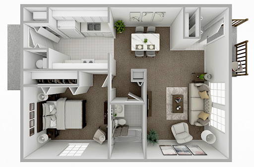 An aerial view of a modern apartment floor plan showcasing the living room, kitchen, dining area, and bedroom.