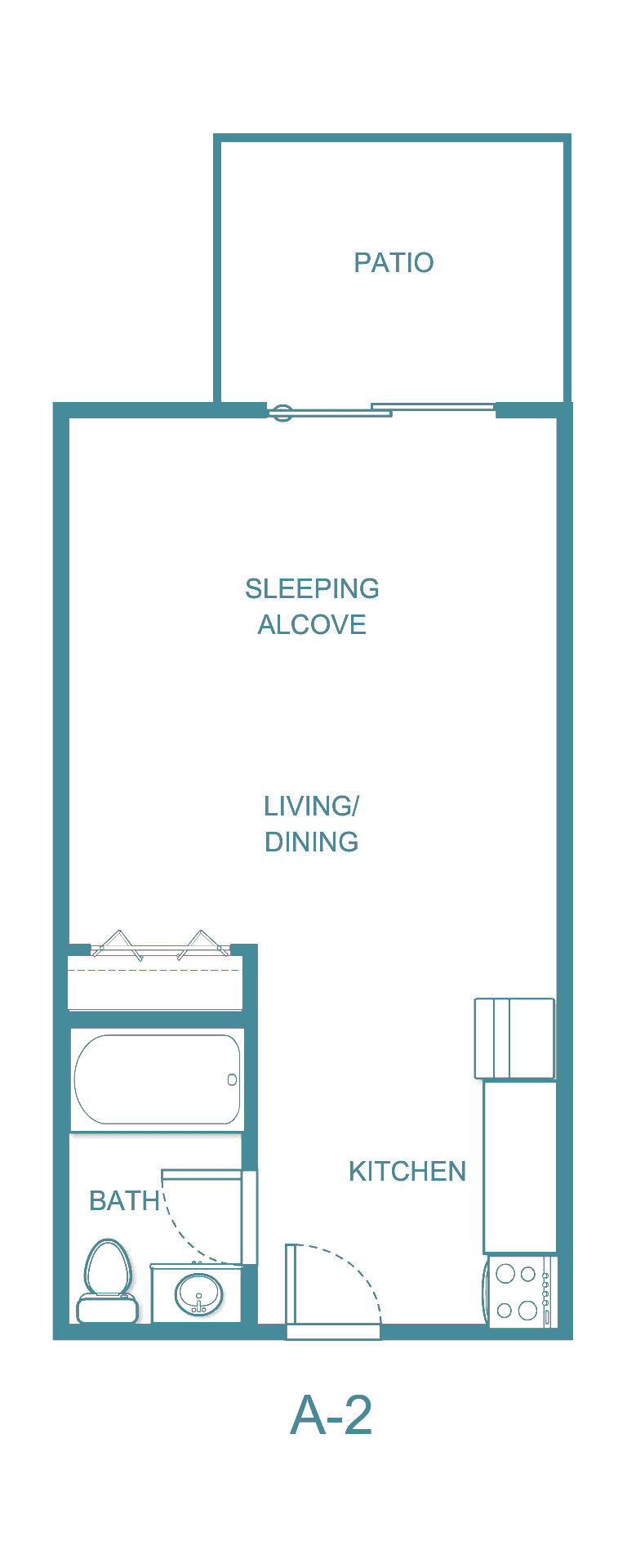 Studio apartment floor plan with sleeping alcove and living/dining area.