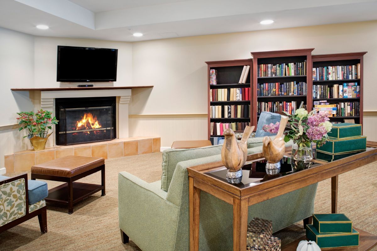 A cozy living room with a fireplace, television, bookshelves, and comfortable seating.