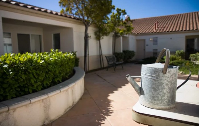 A sunny courtyard with a seating area and garden, featuring a building with tiled roofs and small trees.