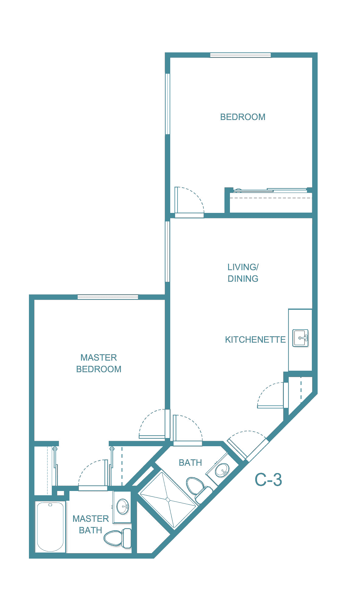 A floor plan of a one-bedroom apartment layout, showcasing the arrangement of rooms including the master bedroom, living/dining area, kitchenette, and bath.