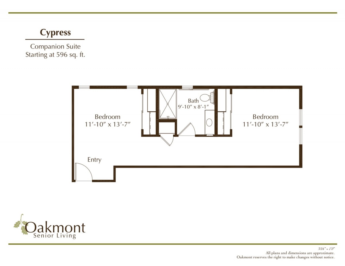 A floor plan showcasing a one-bedroom suite with a living area and bathroom.