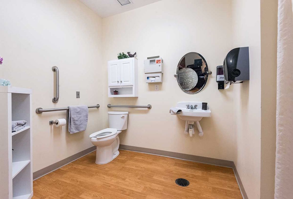 An accessible bathroom with grab bars, a toilet, sink, and paper towel dispenser.