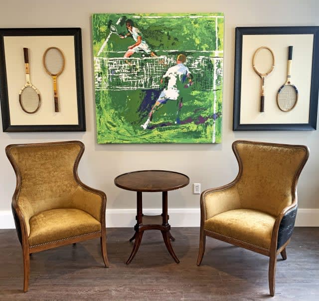 Tennis-themed interior with art and vintage decor.