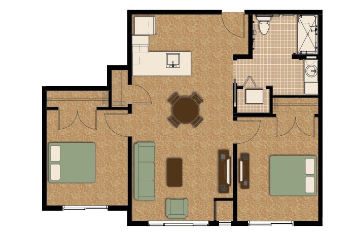 A detailed floor plan of a two-bedroom apartment with a kitchen, living room, and bathroom.