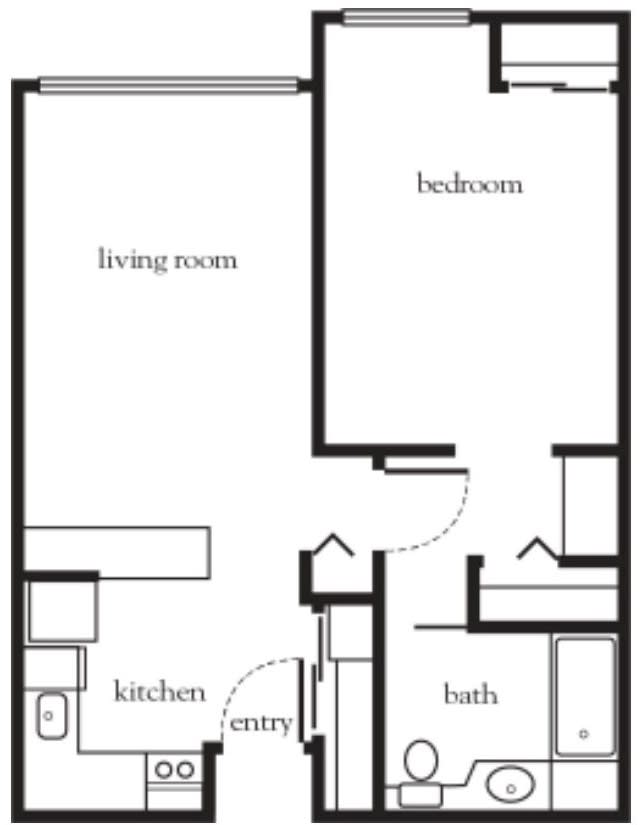 A simple floor plan of an apartment showing a living room, kitchen, bedroom, and bathroom.
