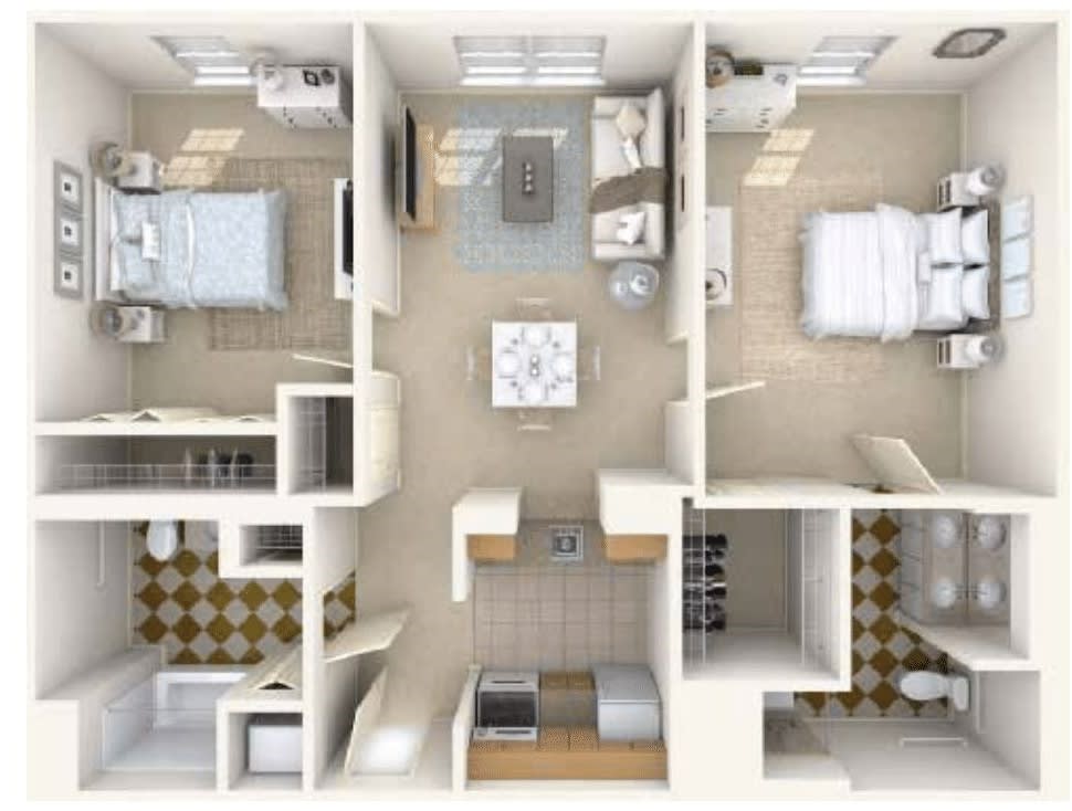 A detailed floor plan of a two-bedroom apartment with an open living area.