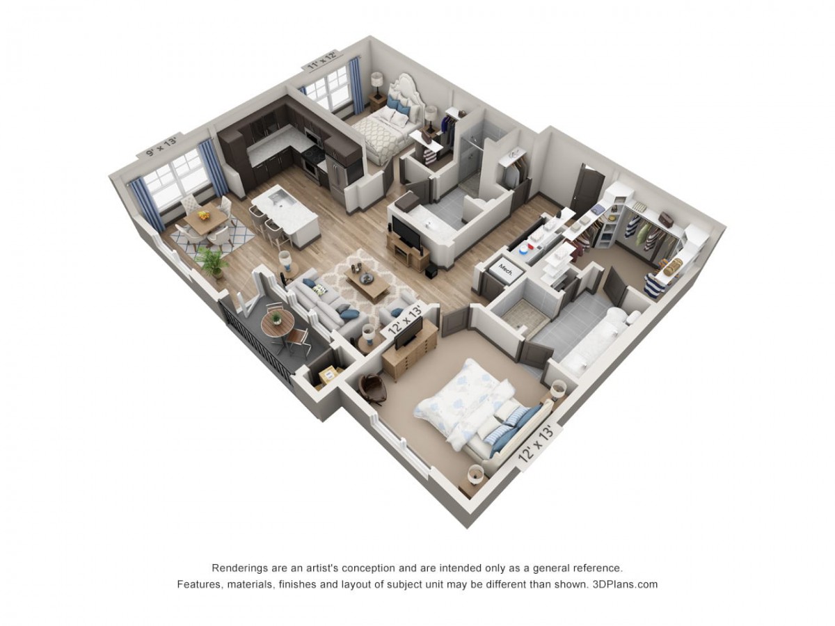 A 3D floor plan of an apartment featuring a bedroom, kitchen, living room, and bathroom.