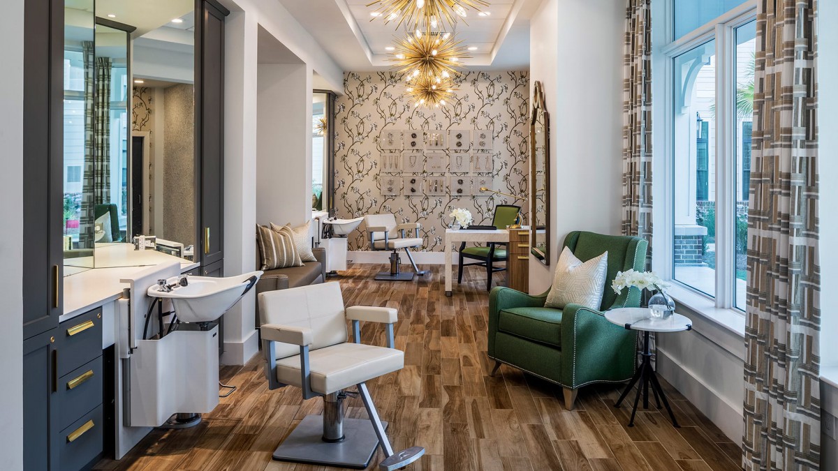 A modern and chic hair salon interior with stylish furniture.