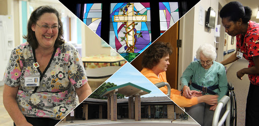 A collage depicting a vibrant community space focused on support and care for the elderly, highlighted by beautiful stained glass.