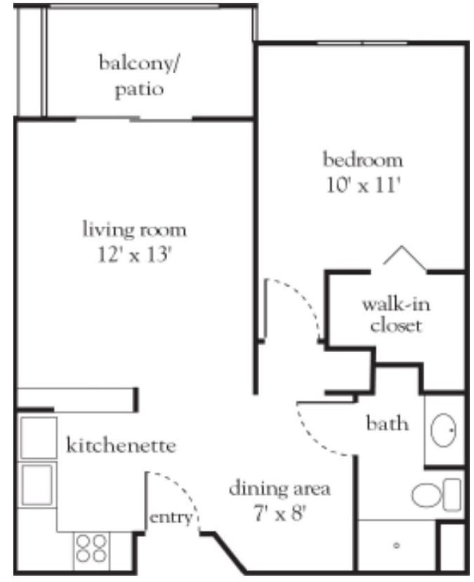 A floor plan showing a one-bedroom apartment with a living room, kitchenette, dining area, bathroom, walk-in closet, and balcony/patio.
