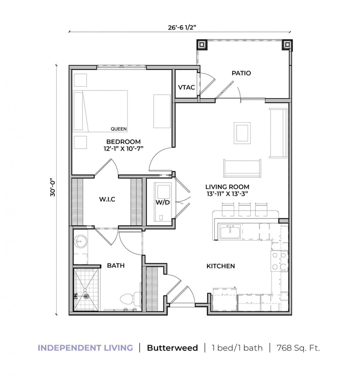 A floor plan of a basement-level one-bedroom apartment, featuring a kitchen, living room, and bathroom.