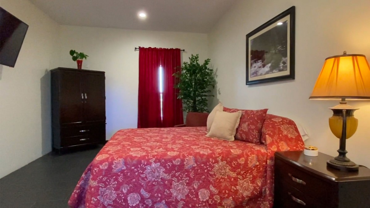 A cozy bedroom featuring a bed with red floral bedding, red curtains, artwork on the wall, and an indoor plant.