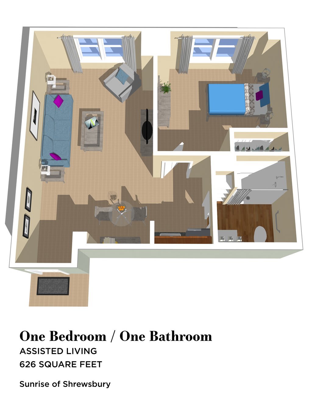 A floor plan of a one-bedroom, one-bathroom assisted living apartment.