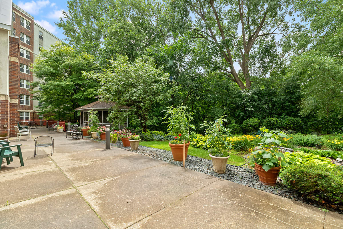 A tranquil garden patio with potted plants and a gazebo surrounded by lush greenery.
