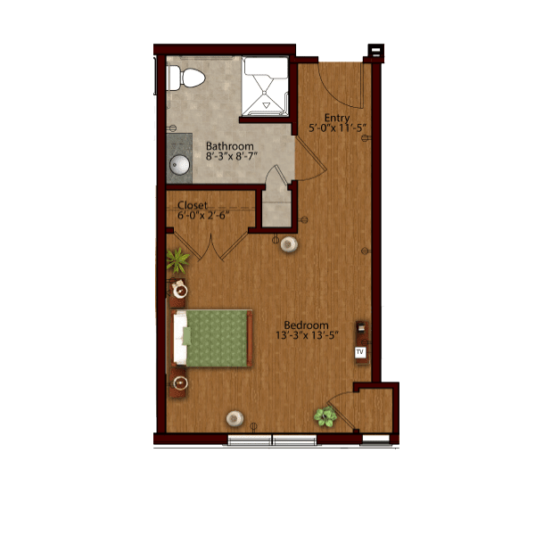 A floor plan of a studio apartment with designated areas for sleeping, living, and a bathroom.