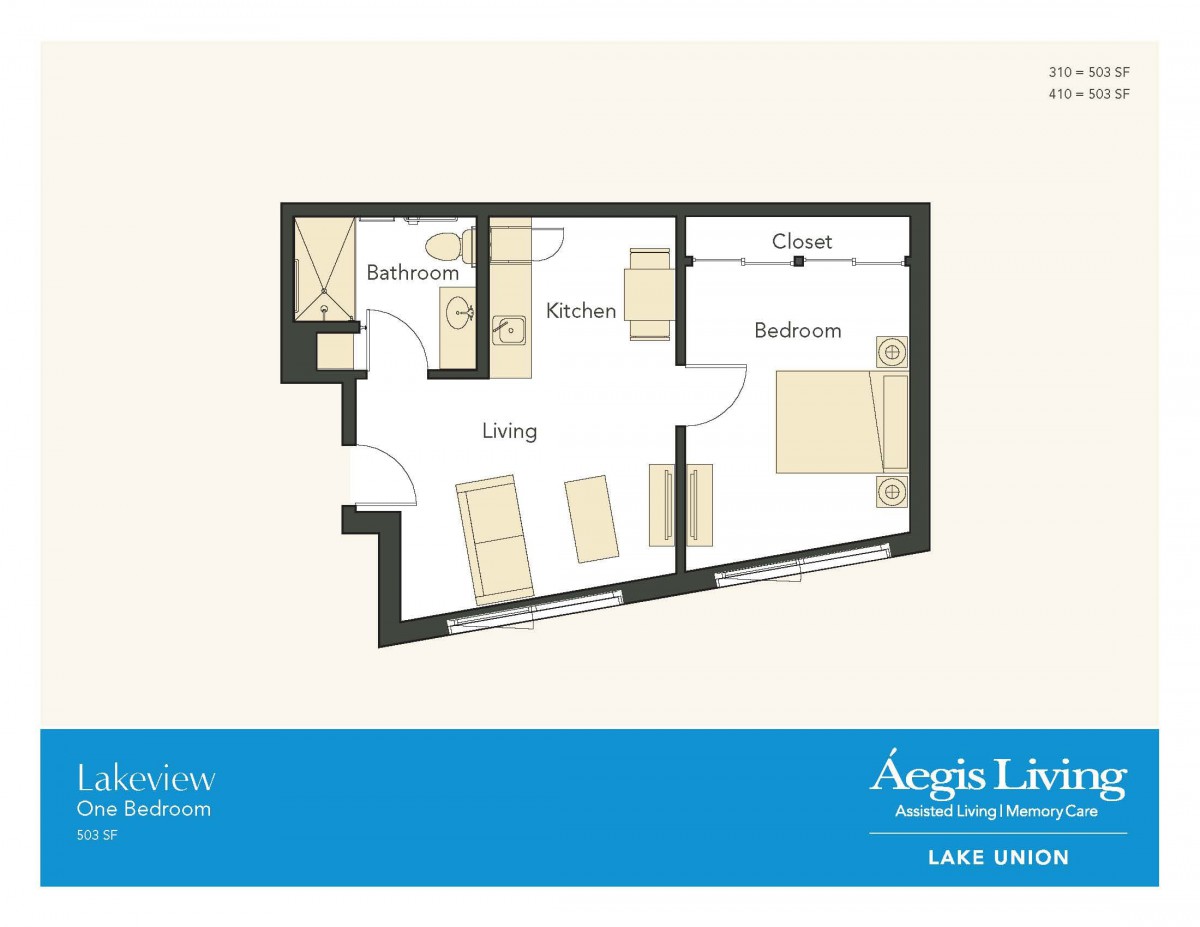 This image shows a floor plan of an apartment with a living room, kitchen, bathroom, and bedroom.