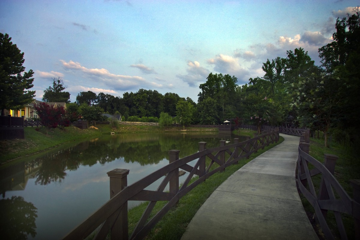 A peaceful park with a winding path alongside a calm body of water, bordered by trees and a wooden fence.