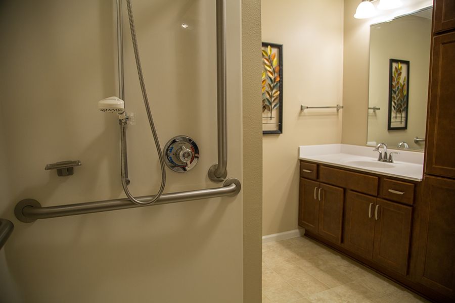 A modern bathroom featuring a shower with a grab bar, a vanity with a sink, and a towel rack.